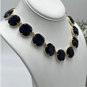 J. Crew Glass Cobalt Crystal and Cream Enamel Sides Square Gold Tone Necklace